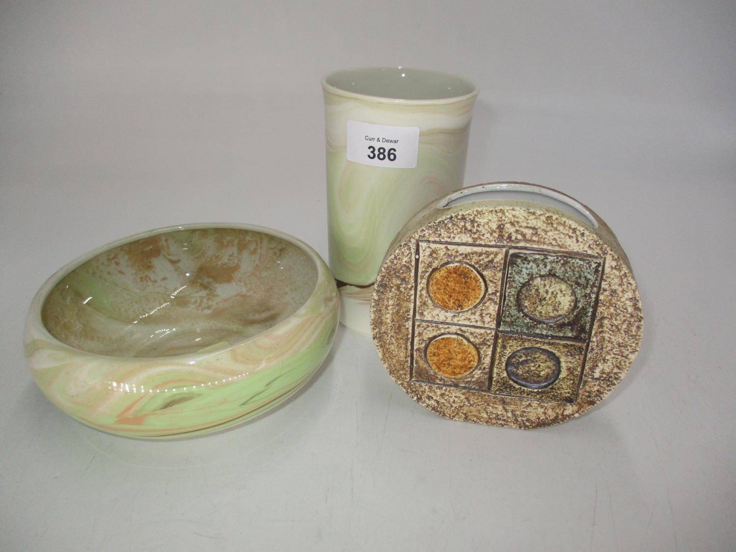 Troika Circular Flask Vase, 12cm (cracked), along with an Isle of Lewis Vase and Dish