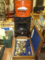 Japanese Lacquer Table Cabinet, Loose Powder Box and a Canteen with Mixed Cutlery