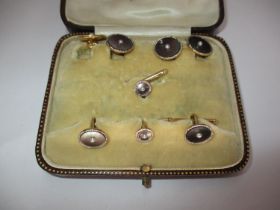 Cased Set of 14K Gold Mother of Pearl and Seed Pearls Cufflinks and Studs, 10.15g total