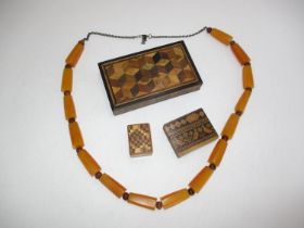 Victorian Tunbridge Ware Desk Paperweight, Puzzle Box, Vesta Case, along with a Bakelite Necklace