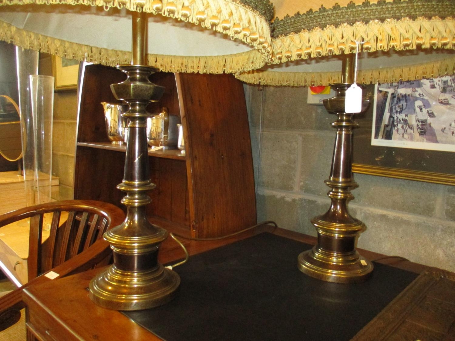 Pair of Heavy Brass Table Lamps with Shades