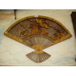 Oriental Carved Wood Fan Plaque, 64x49cm