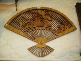 Oriental Carved Wood Fan Plaque, 64x49cm