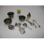 Group of Silver to include a Vesta Case, Enamel Top Salts Bottle, Seal, Sugar Tongs, Caddy Spoon,