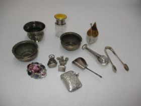 Group of Silver to include a Vesta Case, Enamel Top Salts Bottle, Seal, Sugar Tongs, Caddy Spoon,