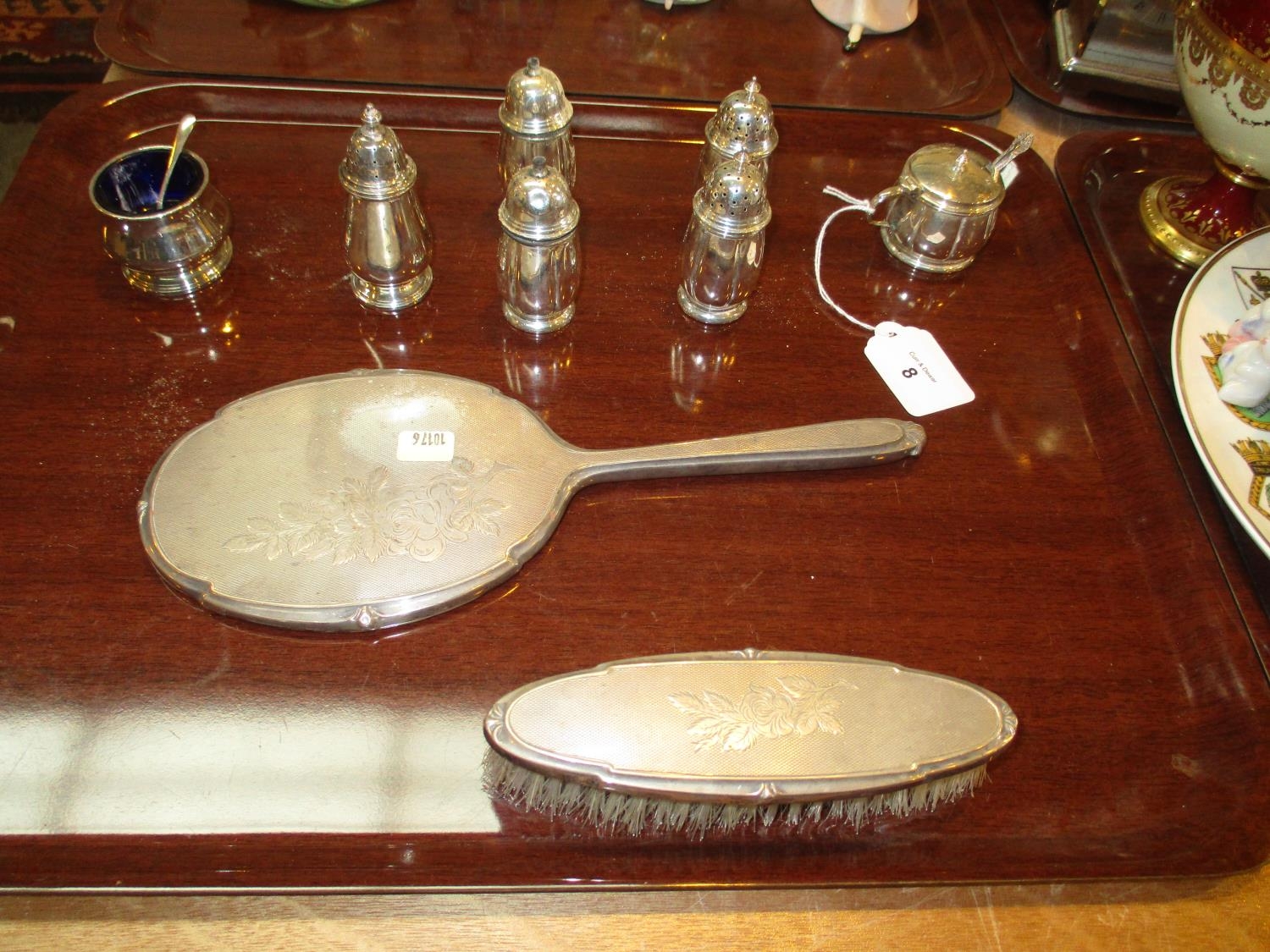 Silver Back Hand Mirror and Brush, along with 6 Silver Condiments