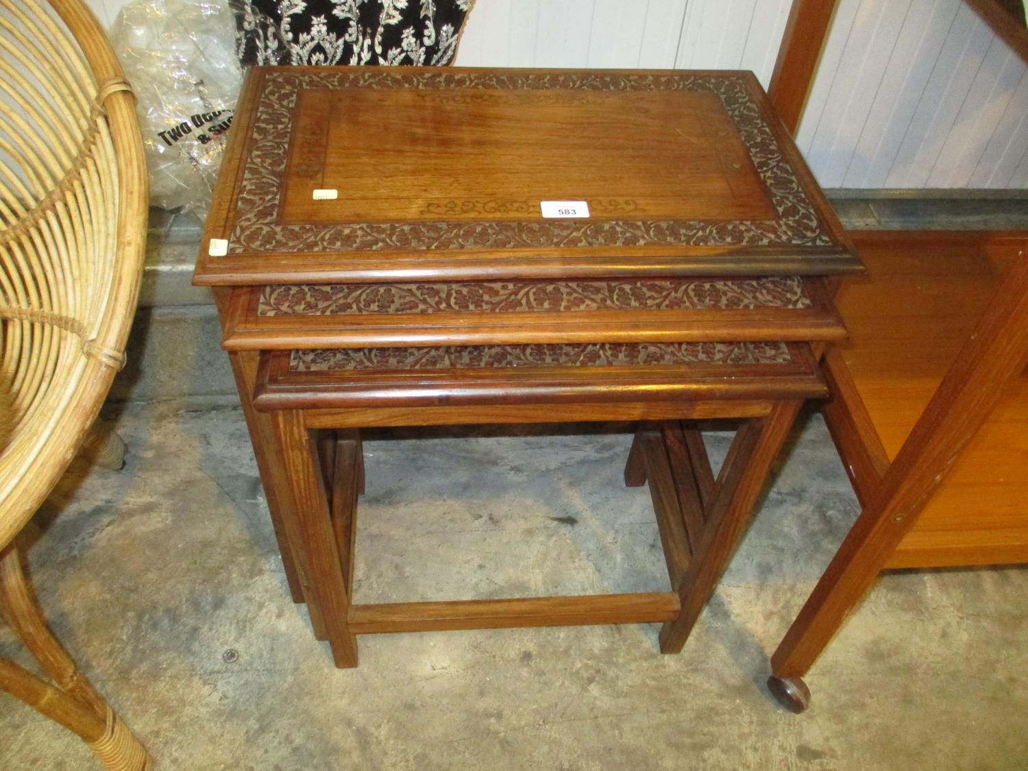 Eastern Carved Teak and Brass Inlaid Nest of 3 Tables