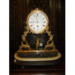 Victorian Gilt Metal Mantel Clock having a Cherub in Swing Pendulum and Glass Dome