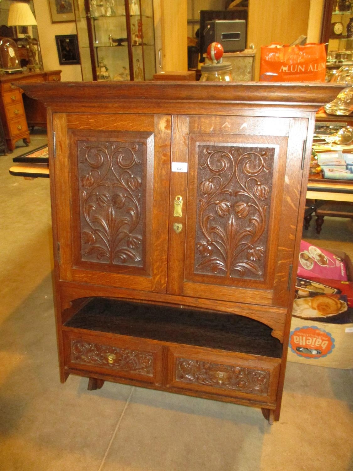 Arts and Crafts Medium Oak Keswick School Wall Cabinet in The Style of Arthur Simpson with Richard