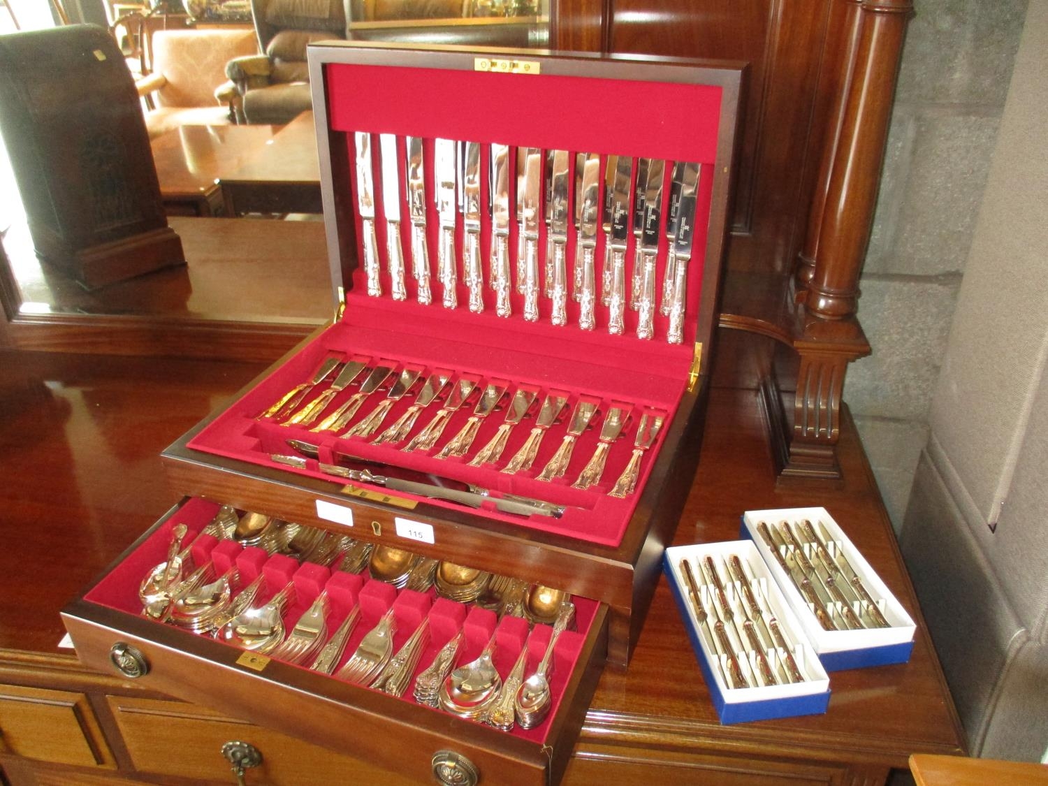 Mahogany Canteen with a 12 Place Setting of A1 Silver Plate Shell and Scroll Pattern Cutlery by