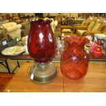 Vintage Oil Lamp with 2 Ruby Glass Shades