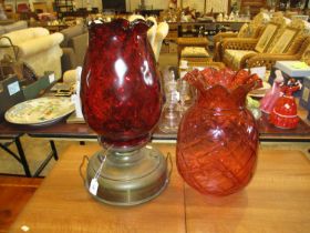 Vintage Oil Lamp with 2 Ruby Glass Shades