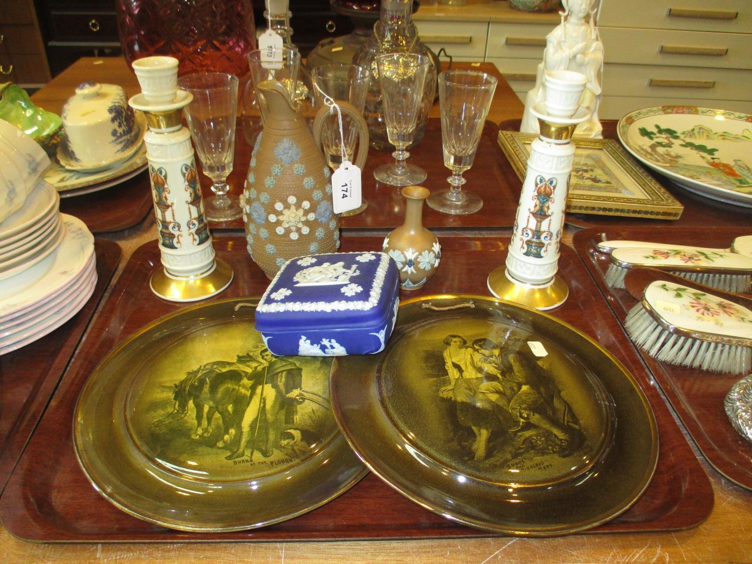 Doulton Silicone Jug and Vase, Wedgwood Trinket Box, Lenox Candlesticks and 2 Rabbie Burns Plaques