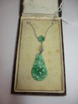 Antique Carved Jade and Diamond Art Deco Necklace