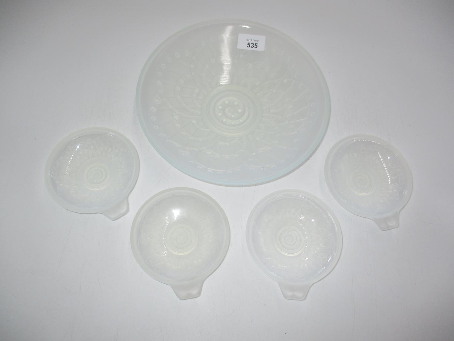 Art Deco Frosted and Vaseline Tinted Glass Serving Bowl and 4 Dishes, 24.5cm