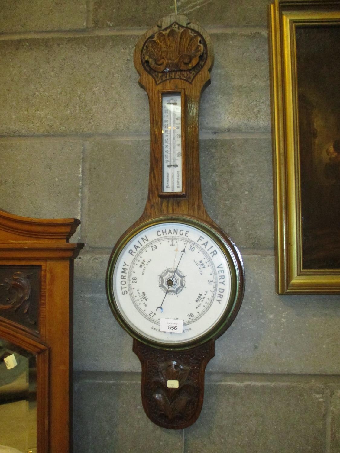 Carved Oak Case Aneroid Barometer