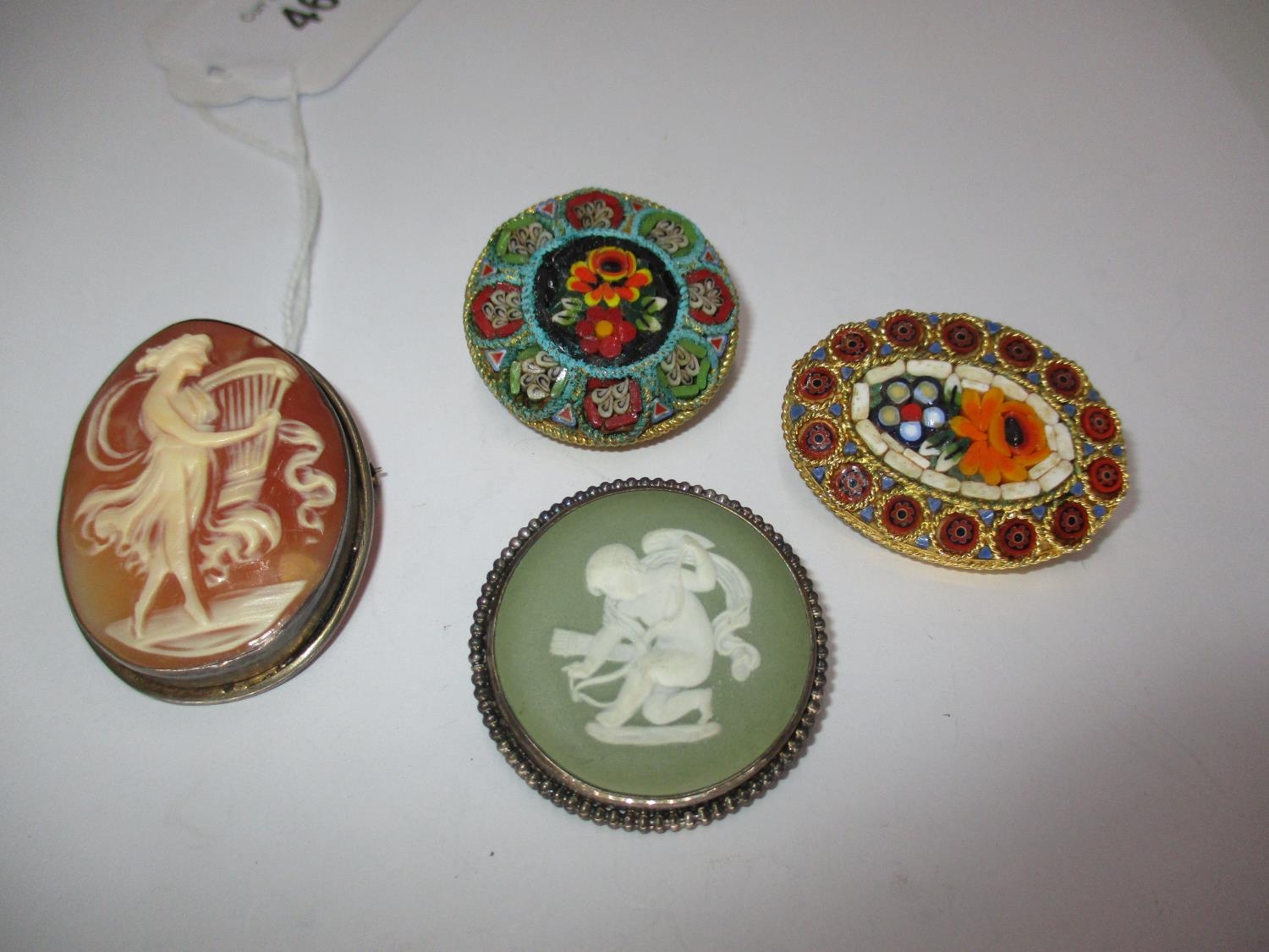 Two Micro Mosaic Brooches, Wedgwood Brooch and a Cameo Brooch