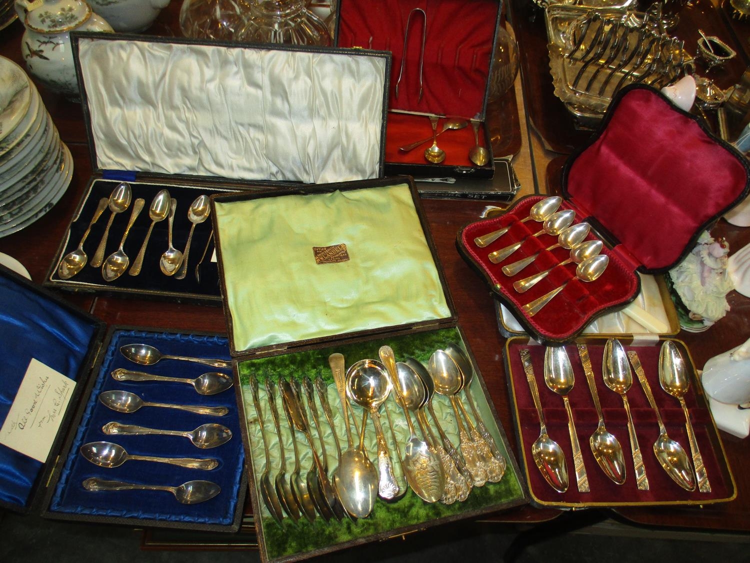 Five Silver Teaspoons, Cases of Plated Cutlery and Boxed Servers