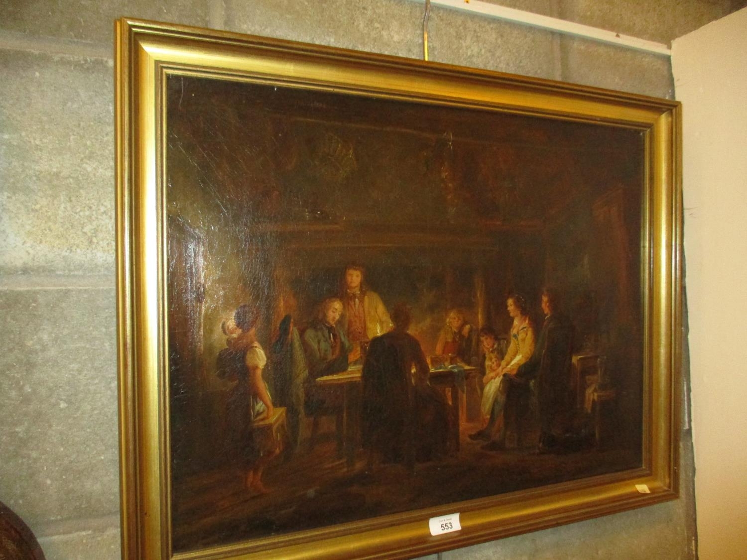 Oil on Canvas, Cottage Interior Scene with Figures Around a Table, 45x60cm