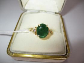 18K Gold Jade and 2 Diamond Ring, 3.8g, Size P
