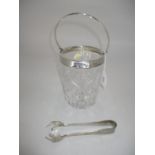 Birmingham Silver Mounted Crystal Ice Bucket, Maker KMS, with Plated Tongs