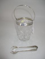 Birmingham Silver Mounted Crystal Ice Bucket, Maker KMS, with Plated Tongs