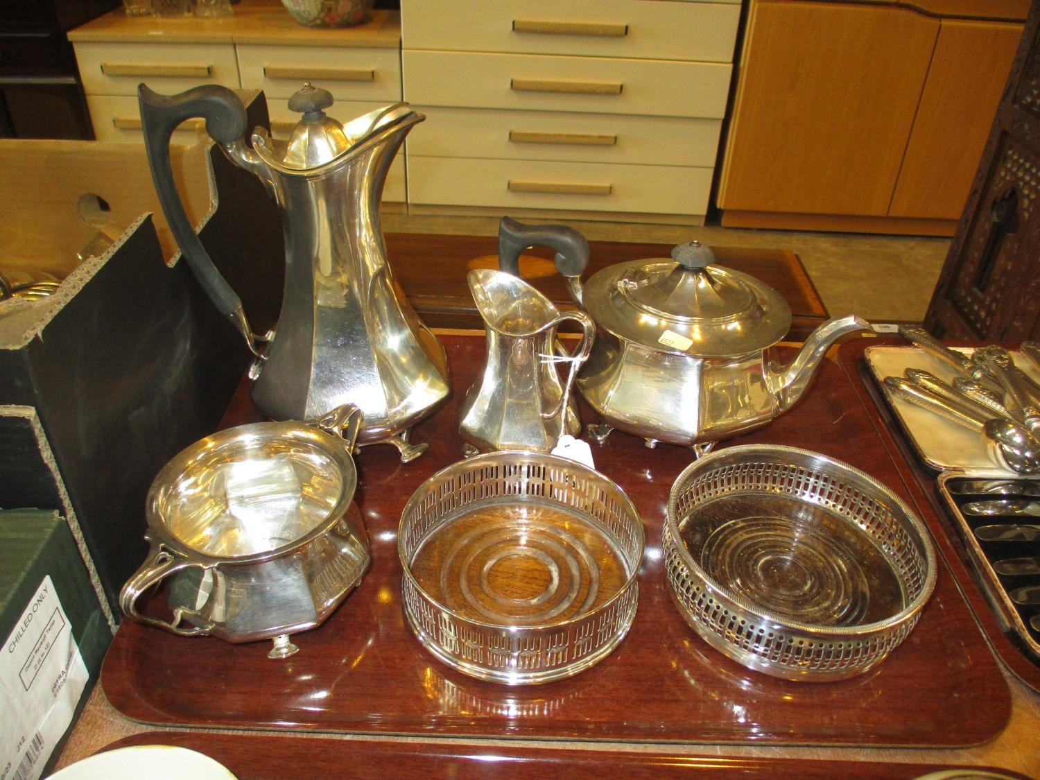 Art Nouveau Silver Plate 4 Piece Tea Service and 2 Decanter Coasters