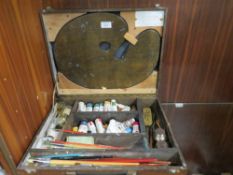 A WOODEN CASED ARTISTS SET WITH WOODEN PALETTE AND CONTENTS
