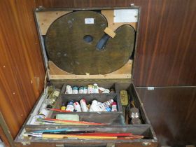 A WOODEN CASED ARTISTS SET WITH WOODEN PALETTE AND CONTENTS