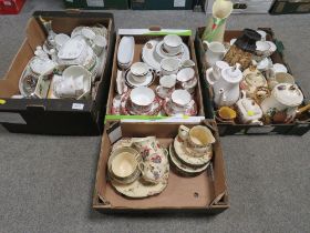 FOUR TRAYS OF TEA/DINNER WARE TO INCLUDE ROYAL STAFFORD OLD ENGLISH GARDEN, COURT CHINA "BOW"