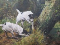 AN OIL ON BOARD DEPICTING DOGS HUNTING A RABBIT SIGNED BUT INDISTINCT 37 X 52 CM