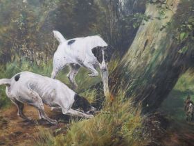 AN OIL ON BOARD DEPICTING DOGS HUNTING A RABBIT SIGNED BUT INDISTINCT 37 X 52 CM