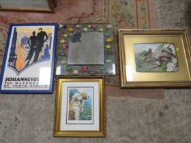 AN UNUSUAL FISH THEMED MIRROR, NIGEL HEMMING PRINT ETC (4)