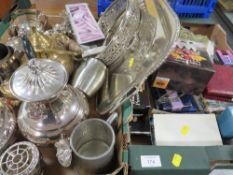 TWO TRAYS OF ASSORTED METAL WARE AND COLLECTABLES TO INCLUDE TEA POTS