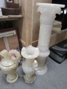 A ALABASTER JARDINIAIRE HEIGHT APPROX 90CM TOGETHER TWO ONYX CONVERTED LAMPS