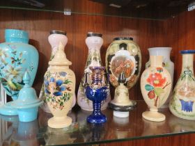 A COLLECTION OF VICTORIAN HAND PAINTED OPAQUE VASE TO INCLUDE LIDDED EXAMPLES (9)