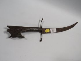 VINTAGE DAGGER WITH CARVED WOODEN HANDLE AND DECORATIVE BLADE