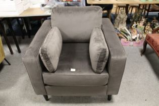 A MODERN GREY UPHOLSTERED SQUARE ARMCHAIR
