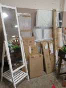 A SELECTION OF FLAT PACK FURNITURE WINDOW BLINDS, SINGLE TUBULAR FRAMED BED & AN IKEA FREE
