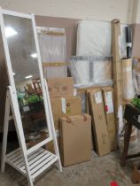 A SELECTION OF FLAT PACK FURNITURE WINDOW BLINDS, SINGLE TUBULAR FRAMED BED & AN IKEA FREE