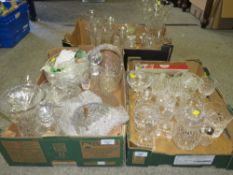 THREE TRAYS OF ASSORTED GLASS WARE TO INCLUDE DECANTERS , VASES AND CUT GLASS DRINKING GLASSES