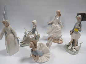 A COLLECTION OF FIVE LLADRO FIGURES TO INCLUDE GIRL WITH PARASOL