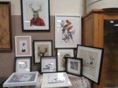 ELEVEN ASSORTED MODERN PRINTS INCLUDING STAGS (TOP WALL)