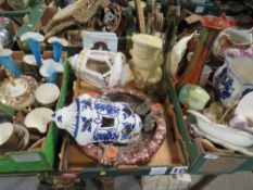 THREE TRAYS OF ASSORTED CERAMICS AND GLASS TO INCLUDE A BLUE/WHITE PLANTER