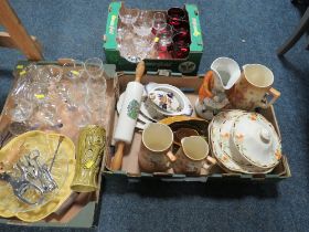 THREE TRAYS OF ASSORTED CERAMICS AND GLASS TO INCLUDE A CERAMIC ROLLING PIN