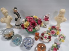A TRAY OF ASSORTED CHINA TO INCLUDE GLASS PAPERWEIGHTS