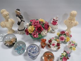 A TRAY OF ASSORTED CHINA TO INCLUDE GLASS PAPERWEIGHTS