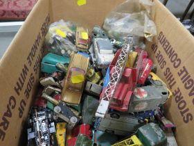 A BOXED OF ASSORTED PLAY WORN DIE CAST CARS WITH EXAMPLES CORGI, SPOT-ON, ETC PROTESTS CAMPBELL