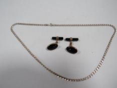 A PAIR OF SILVER AND ONYX CUFFLINKS AND SILVER CURB LINK NECK CHAIN