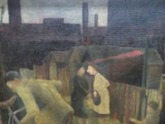 A NORTHERN INDUSTRIAL OIL ON BOARD WITH FIGURES SIGNED BUT INDISTINCT 56 X 75 CM